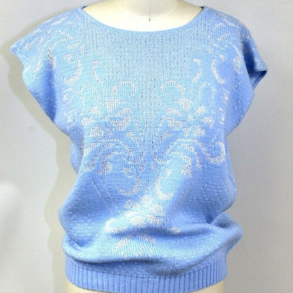 VTG 80s Fairy Kei Sweater Pastel Blue &Silver Lurex Sz L Kawaii Picture Perfect